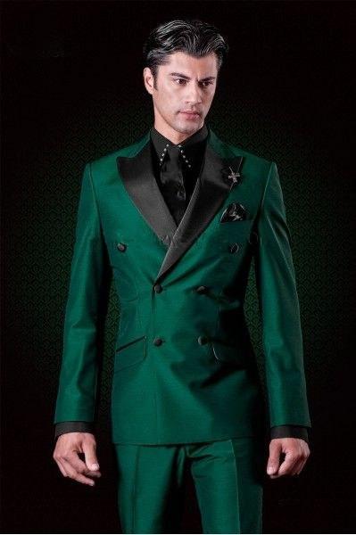 Solovedress 2 Pieces Dark Green Men Suit Custom Made Double Breasted Jacket Formal Wedding Groom Tuxedos