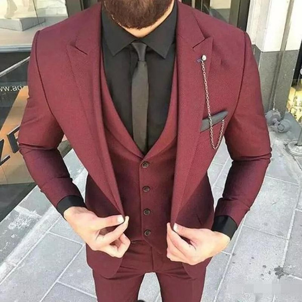 .Slim Fit Burgundy Groom Tuxedos Excellent Men Wedding Tuxedos High Quality Men Formal Business Prom Party Suit(Jacket+Pants+Tie+Vest)