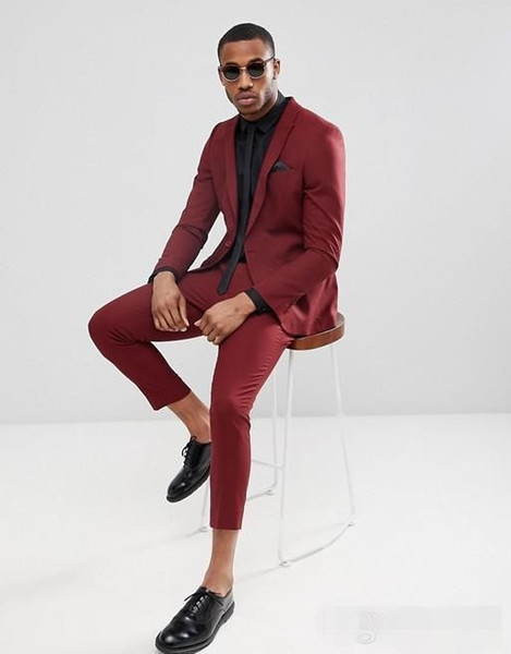 Handsome Burgundy One Button Mens Suits Slim Fit Back Vent Groomsmen Wedding Tuxedos For Men Blazers Peaked Lapel Prom Suit (Jacket+Pants)