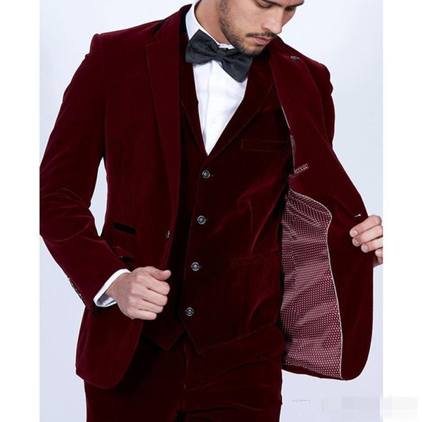 Burgundy Velvet Men Suits Slim Fit 3 Piece Blazer Tailor Made Wine Red Groom Prom Party Tuxedo (Jacket Pants Vest Tie)