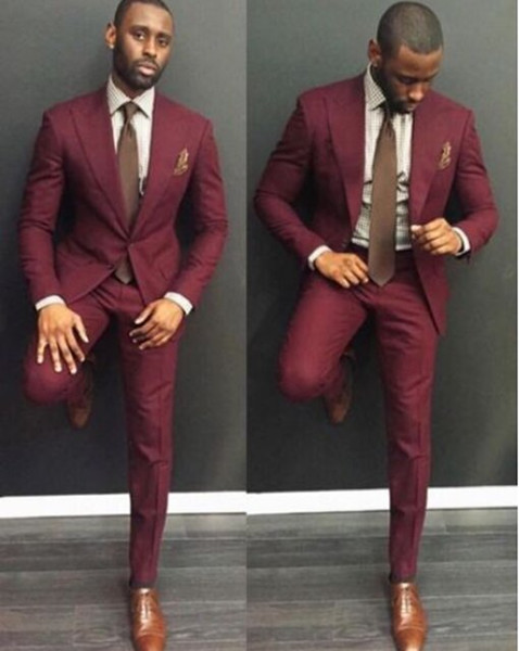 Custom Made Hot Tailored Slim Fit 2 Pieces Men Burgundy Wedding Suits Formal Groom Tuxedos