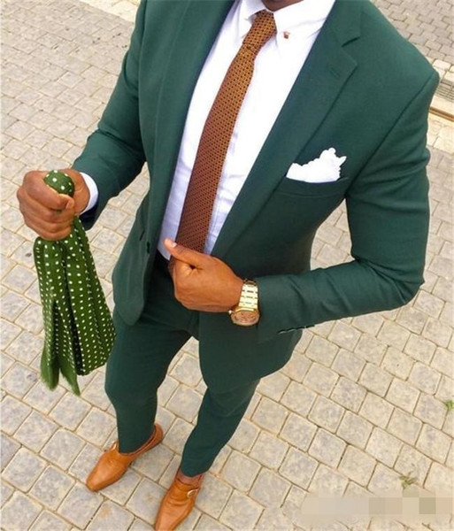 Hunter Green Wedding Men Suits Two Piece Groom Tuxedos Notched Lapel Trim Fit Men Party Suit plus size Groomsmen Suits