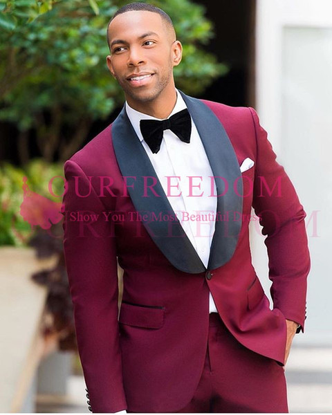 Burgundy Slim Men Suits Handsome Mens Dinner Party Wedding Suits Groomsmen Groom Tuxedos Party Prom Business Suits (Jacket+Pants+Bow)