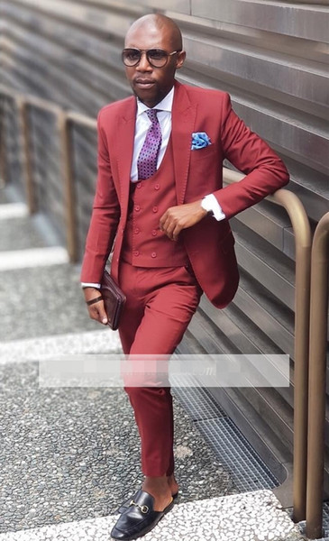 Burgundy Prom Groom Tuxedos Men Wedding Suits Formal Silm Fit 3 Piece Suits