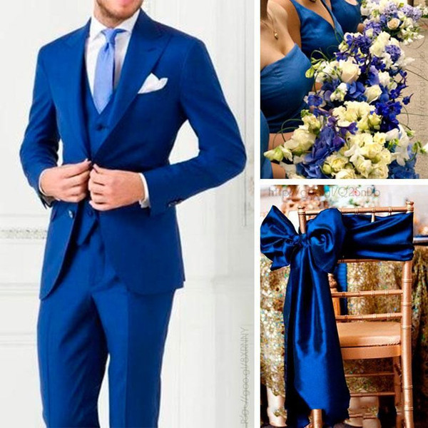 New Two Buttons Royal Blue Groom Tuxedos Peak Lapel Groomsmen Best Man Suits Mens Wedding Suits (Jacket+Pants+Vest+Tie)