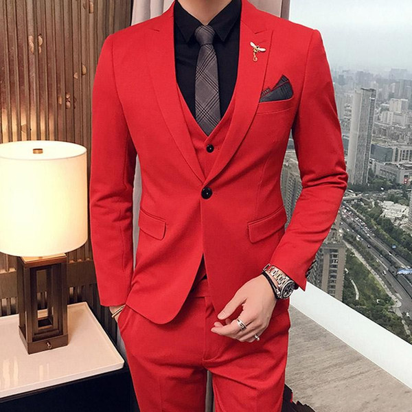 Three Piece Red Evening Party Men Suits Peaked Lapel Trim Fit Custom Made Wedding Tuxedos (Jacket + Pants + Vest)