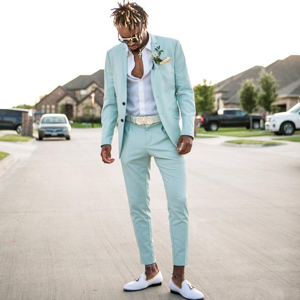 Mint Green Mens Suits Slim Fit Two Pieces Beach Groomsmen Wedding Tuxedos For Men Notched Lapel Formal Prom Suit (Jacket+Pants)