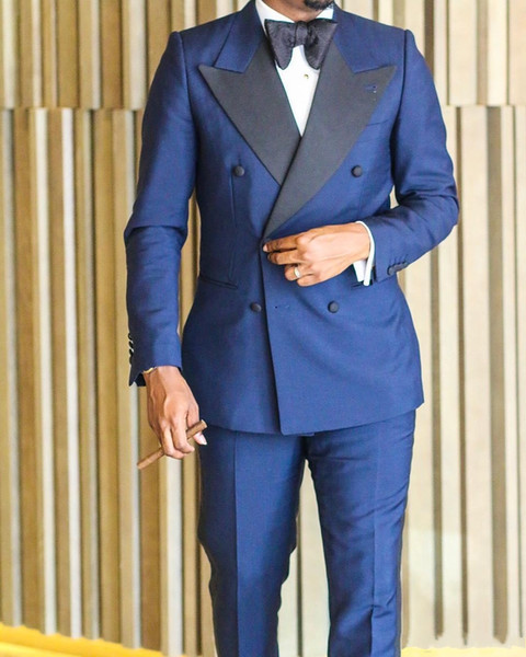 Formal Mens Wedding Tuxedos High Quality Made New Midnight Blue Double Breath Peaked Lapel Bridegroom Mens Best Wedding Suits SU0027