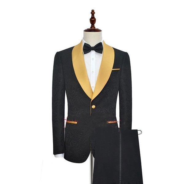 Black With Gold Trim Shawl Lapel One Button Fashion Mens Tuxedos For Prom Wedding Evening Party (Blazer+Pants) Custom Made SU0013