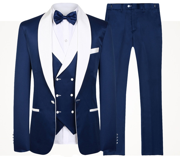 Blue Men Wedding Suits New Brand Fashion Design Real Groomsmen White Shawl Lapel Groom Tuxedos Mens Tuxedo Wedding/Prom Suits 3 Pieces