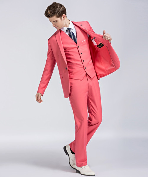 Watermelon Red Groom Tuxedos Notch Lapel One Button Center Vent Men Wedding Suit Men Business Dinner Prom Blazer(Jacket+Pants+Vest)