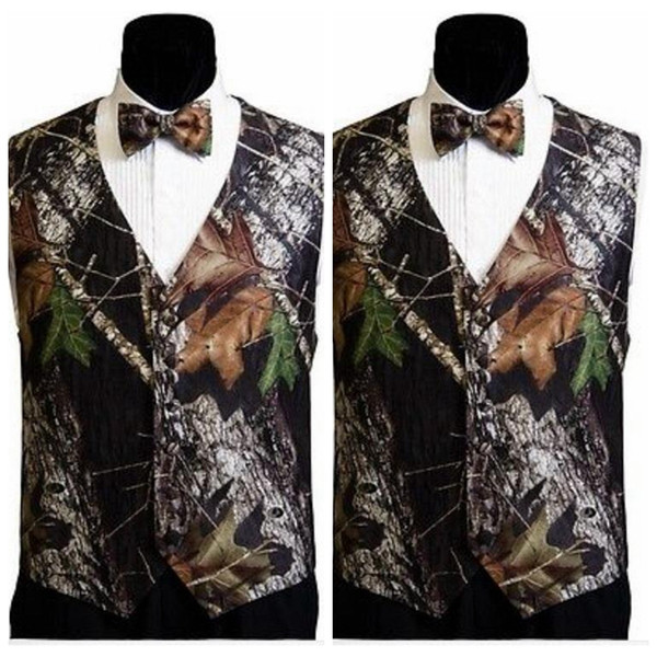 2019 Top Sale Camo Men Vests With Bow Camouflage Groom Groomsman Vest Cheap Satin Custom Formal Wedding Vests Camouflage