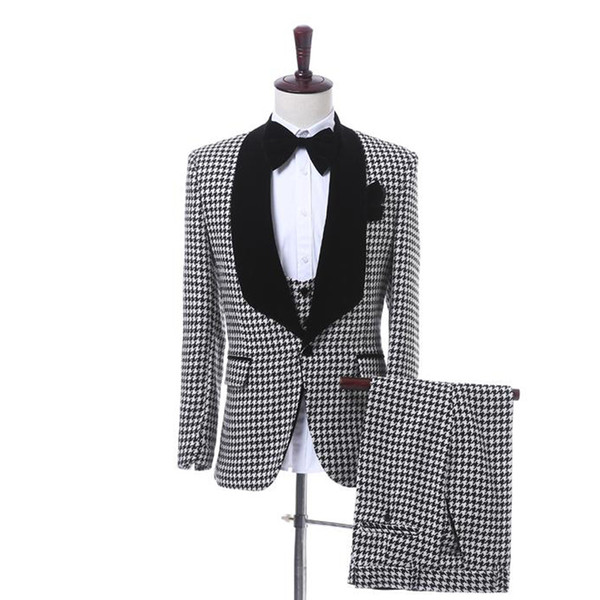 Houndstooth Groomsmen Suit Shawl Lapel Groom Tuxedos One Button Men Suits Wedding/Prom/Dinner Best Man Blazer (Jacket+Pants+Vest)