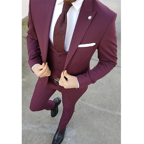 Brand New Burgundy Groom Tuxedos Peak Lapel Groomsmen Mens Wedding Dress Fashion Man Jacket Blazer 3Piece Suit(Jacket+Pants+Vest+Tie) 674