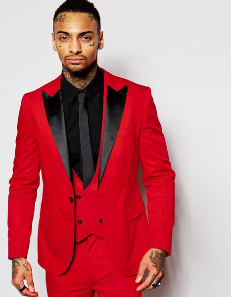 Top Quality Red Blazer for Man Suits Black Peaked Lapel Groom Tuxedos Tailor Made Groomsmen Wedding Suits (Jacket+pants+vest)