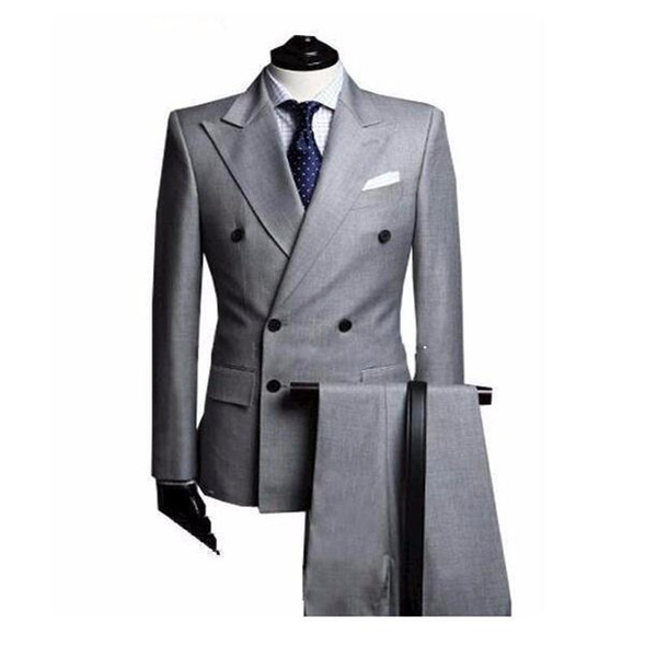 Double Breasted Man Blazer for man suit Light Grey Groom Suit Peak Lapel Groomsmen Men Wedding Suit For Men (jacket+Pants)