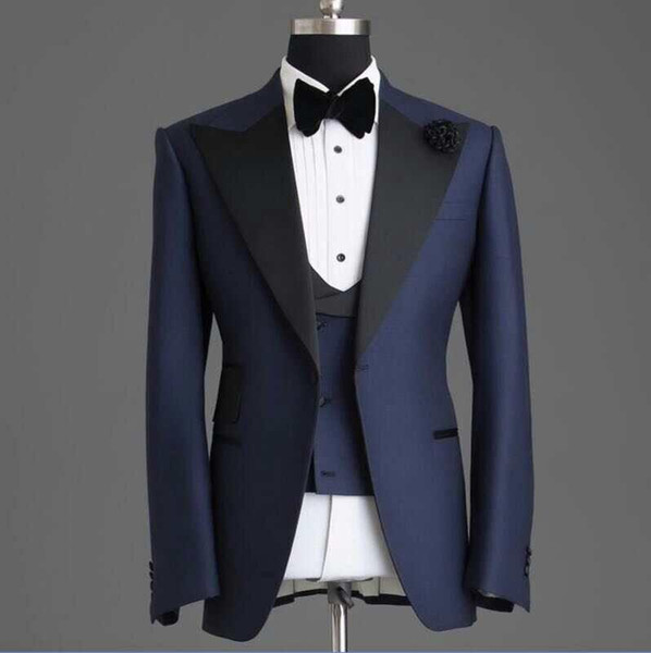 Customize Handsome Peak Lapel Navy BlueOne Button Wedding Groom Tuxedos Men Suits Wedding/Prom/Dinner Best Man Blazer(Jacket+Tie+Vest+Pants)