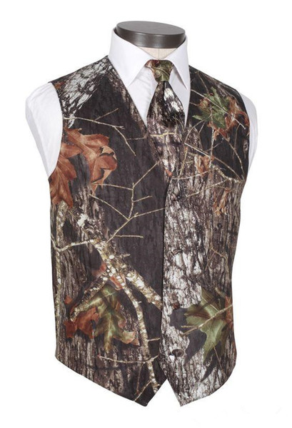 2018 New V Neck Camo Groom Vests Men's country Wedding Outerwear Vest Realtree Spring Camouflage Slim Fit Men's Vests(Vest+Tie) Custom Made