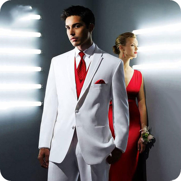 Custom Made White Men Suits for Wedding Red Vest Groom Best Man Blazers 3Piece Jacket Pants Slim Fit Groomsmen Suit Costume Homme Prom