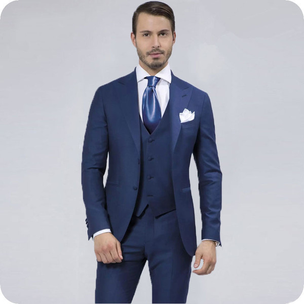 Navy Blue Men Suits Italian Groom Wedding Wear Peaked Lapel Vintage Bridegroom Tuxedos Slim Fit Best Man Blazers 3Piece Costume Homme Ternos