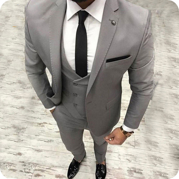 Custom Made Grey Men Suits Slim Fit Groom Wedding Tuxedos Burgundy Casual Man Blazer 3Piece Jacket Pants Vest Groomsmen Costume Homme Ternos