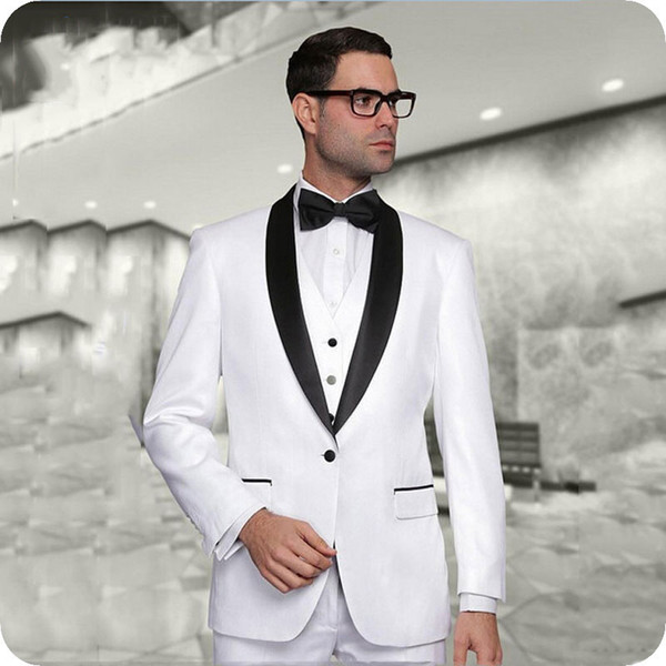 Custom Made White Groom Tuxedos Black Shawl Lapel Slim Fit Men Suits for Wedding Best Man Blazers Jacket Pants Vest 3Piece Costume Homme