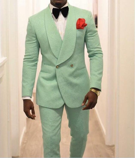 Mint Green Men Groom Tuxedos for Wedding Suits Shawl Lapel Double Breasted Two Pieces (Jacket Pants) Formal Man Blazer Latest Style