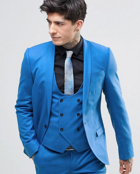 New Shawl Lapel Groom Tuxedos Blue Men Suits Center Vent Wedding Best Man Blazer Custom Made Man Suit (Jacket+Pants+Vest)