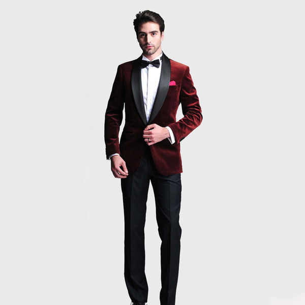 Burgundy Velvet Slim Fit Groom Tuxedos Wedding Suits Custom Made Groomsmen Best Man Prom Suits Black Pants (Jacket+pants)