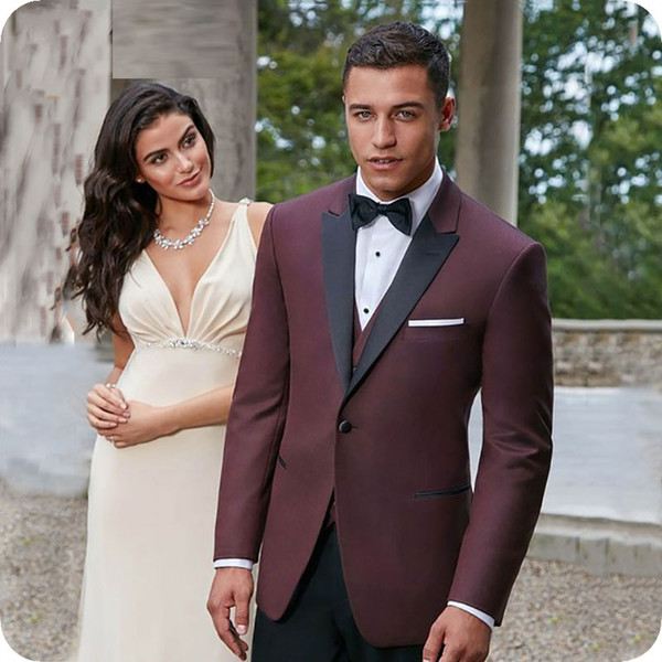 Custom Made Burgundy Men Suits for Wedding Black Peaked Lapel Groom Wear Best Man Blazers 3Piece Jacket Pants Vest Slim Fit Groomsmen Suits