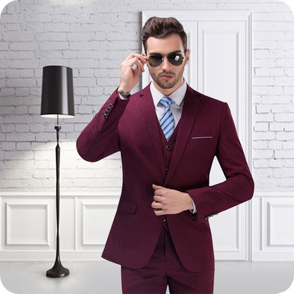 Burgundy Groom Wedding Tuxedos Slim Fit Men Suits Man Blazers 3Piece Jacket Pants Vest Custom Made Groomsmen Wear Formal Business Costume