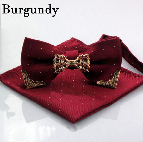 2017 Men Stripe Pocket Squares and Bow Tie Set With Gold Metal Handkerchief Hankies Suit Square Gentlemen Bridesgroom Groomsman Bridal Gowns