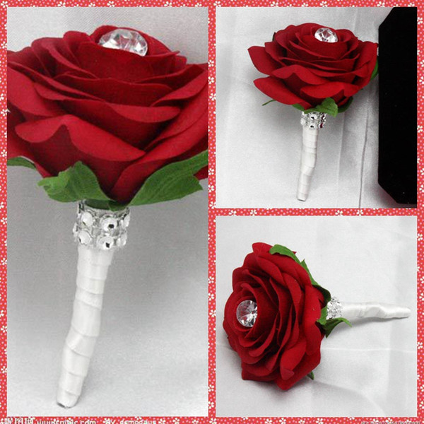 Wine Red Rose Flowers Beaded Rhinestone Wedding Groomsman Brooch Stock Color Available Wedding Accessories Bridegroom Corsage Hot Sale 2015