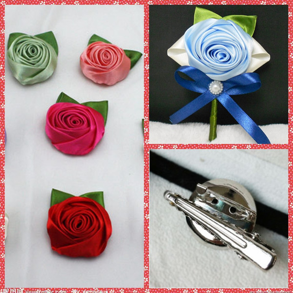 Satin Rose Flowers Wedding Groomsman Brooch Cheap Sale Custom Made Color Available Wedding Accessories Bridegroom Corsage Hot Sale 2015