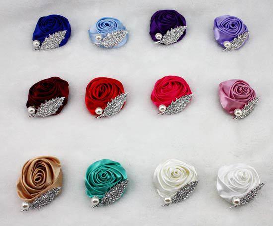12 Colors Brand New Wedding Groomsman Groom Boutonniere Party Prom Man Corsage Hand Custom Made Satin Rose Men Suit Brooch Pin