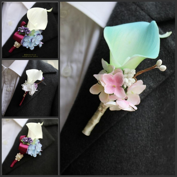 2015 New Wedding Dress Flowers Artificial RealTouch Calla Lily Corsages Handmade Groom's Boutonniere For Wedding Groom suit Accessories
