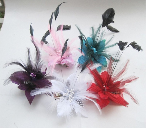 Chiffon Rose Fabric Flower Wedding Corsage Pin Brooch With Feather Wrist Flowers Clothing Accsseries for Wedding Bridal Groom Supplies
