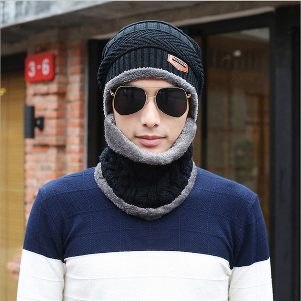 One Hat And One Scarf Winter Knitted Hat With Mask Hooded Beanies Men Scarf Caps Mask Bonnet Warm Winter Hats Beanies Caps
