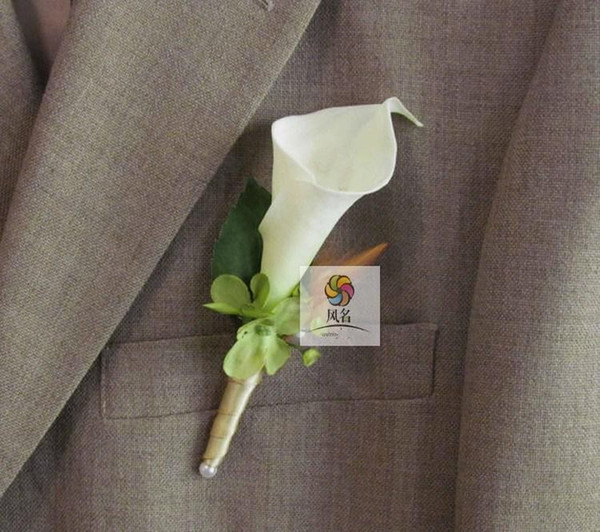 2016 New Wedding Boutonniere Brooch real Touch white Calla Lily Corsages Handmade Groom's Boutonniere For Wedding party supplies