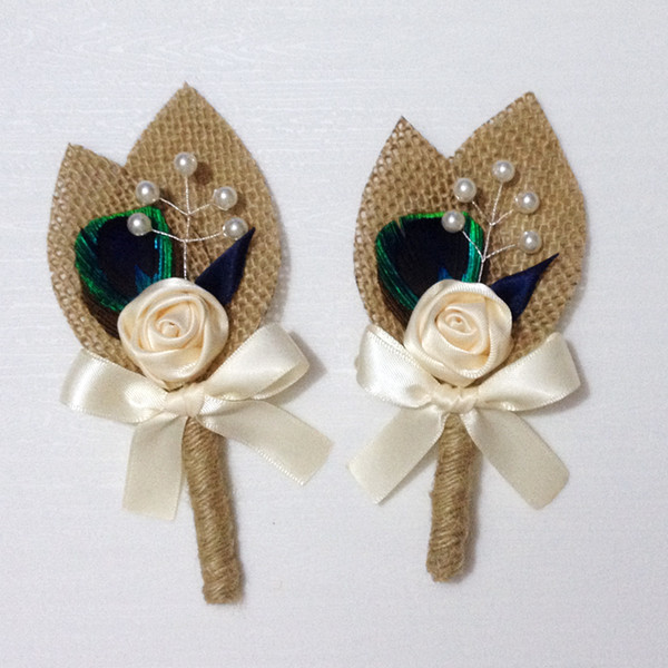 Mens Boutonniere Wedding Accessories Silk Rose Flower Peacock Pearl Burlap Rustic Wedding Prom Boutonniere Groomsmen Wedding Party Gift