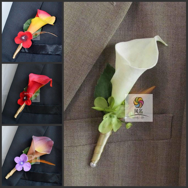 2016 New Wedding Boutonniere Brooch real Touch Calla Lily Corsages Handmade Groom's Boutonniere For Wedding party supply