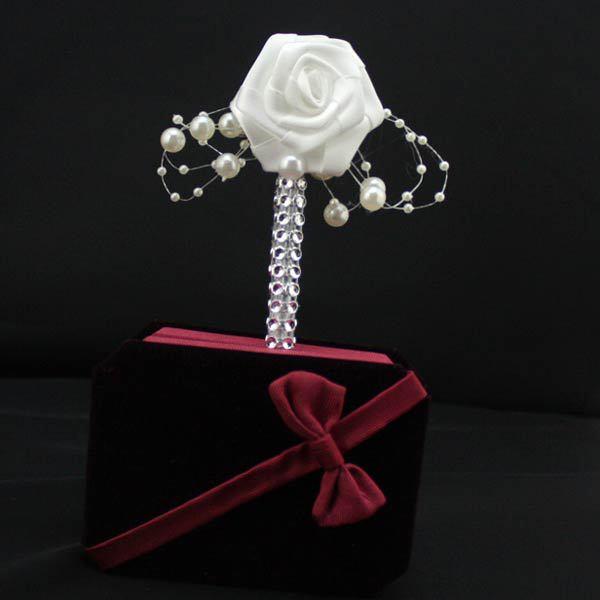 1PC HandMade Groom Boutonniere White Ribbon Rose Wedding Bouquet Flower Groomsmen Corsages Party Prom Man Suit Accessories