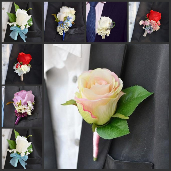 Romantic Wedding Decoraitve Boutonnieres Elegant Artificial rose Corsages Handmade Groom's Boutonniere For Wedding party supplies