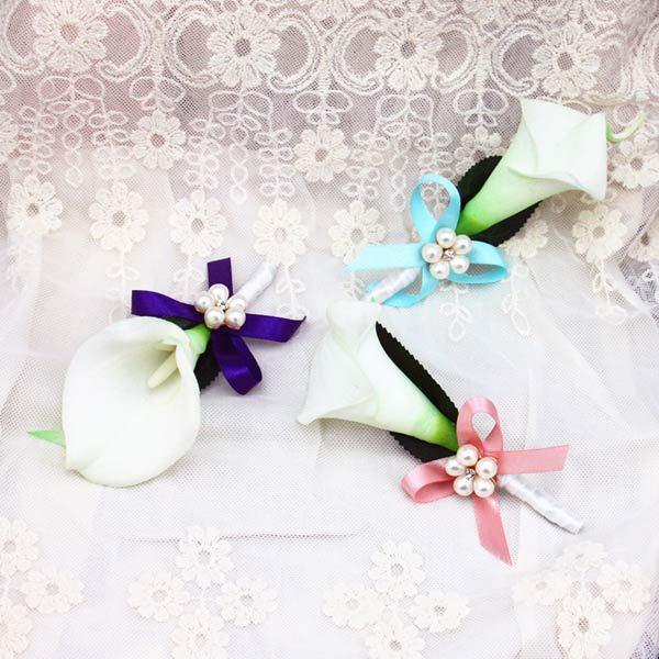 New Style Cheap Wedding Bridegroom Boutonniere Man Corsage Lily Groom Party Prom Brooch Decorations Corsage With Ribbon Pearls Hot Sale