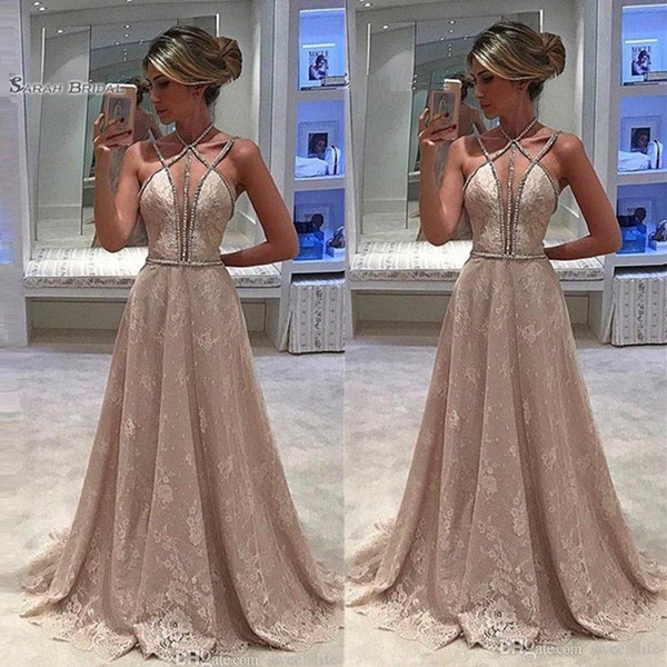 Sexy Halter Appliques Backless Floor length Prom Dresses Vestidos De Festa Party Evening Dress Hot Sales