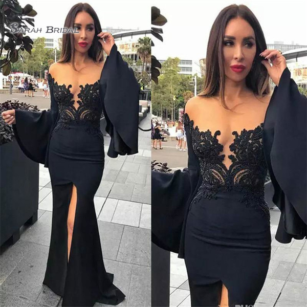 Black Mermaid Evening Gown Prom Dresses Long Sleeve Satin Applique High Split Deep V-Neck Sweep Formal Dress Party Wear