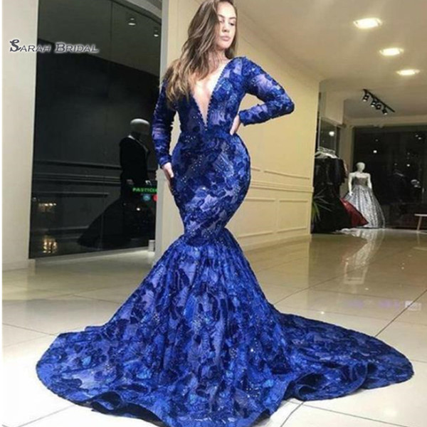 Mermaid Appliques V-neck Sweep Long Sleeves Formal Evening Wear In Stock Hot Sales High-end Occasion Dress