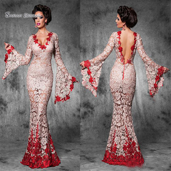 Sexy Mermaid Evening Dresses Deep V-Neck and Long Sleeves Sweep Train Backless Party Prom Gowns