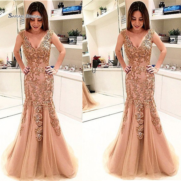 Sexy Mermaid V-neck With Appliques Tulle Dress Appliques Evening Wear In Stock Hot Sales High-end Occasion Dress