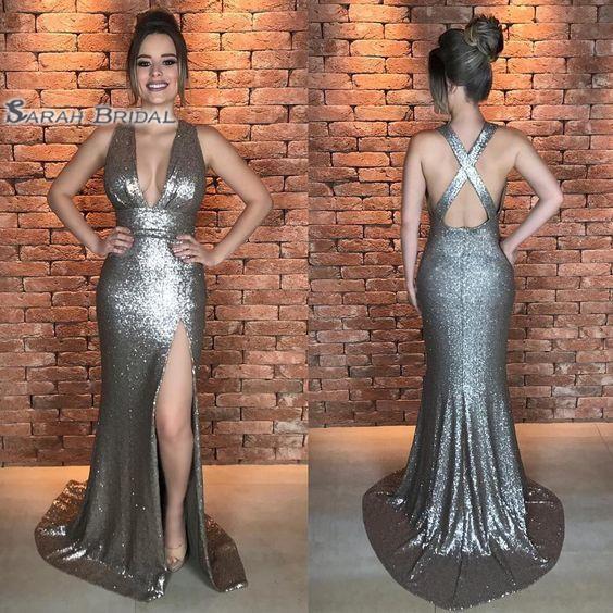 Mermaid V-neck Criss-cross Split Full Sequined Sweep Train Sleeveless Prom Dresses Sexy Party Dress Hot Sales